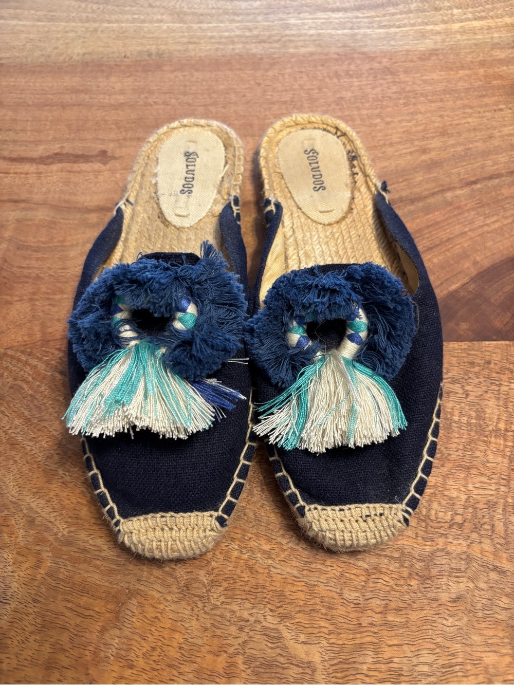 Soludos Navy Espadrille Mule with Blue & Teal Tassels